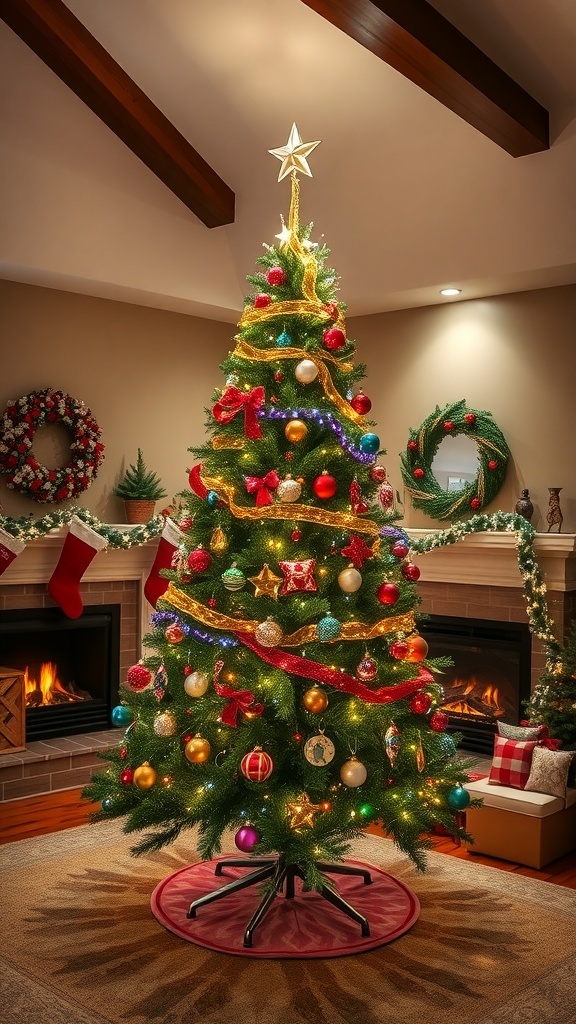 A tall, decorated Christmas tree in a living room with a cozy holiday setting.